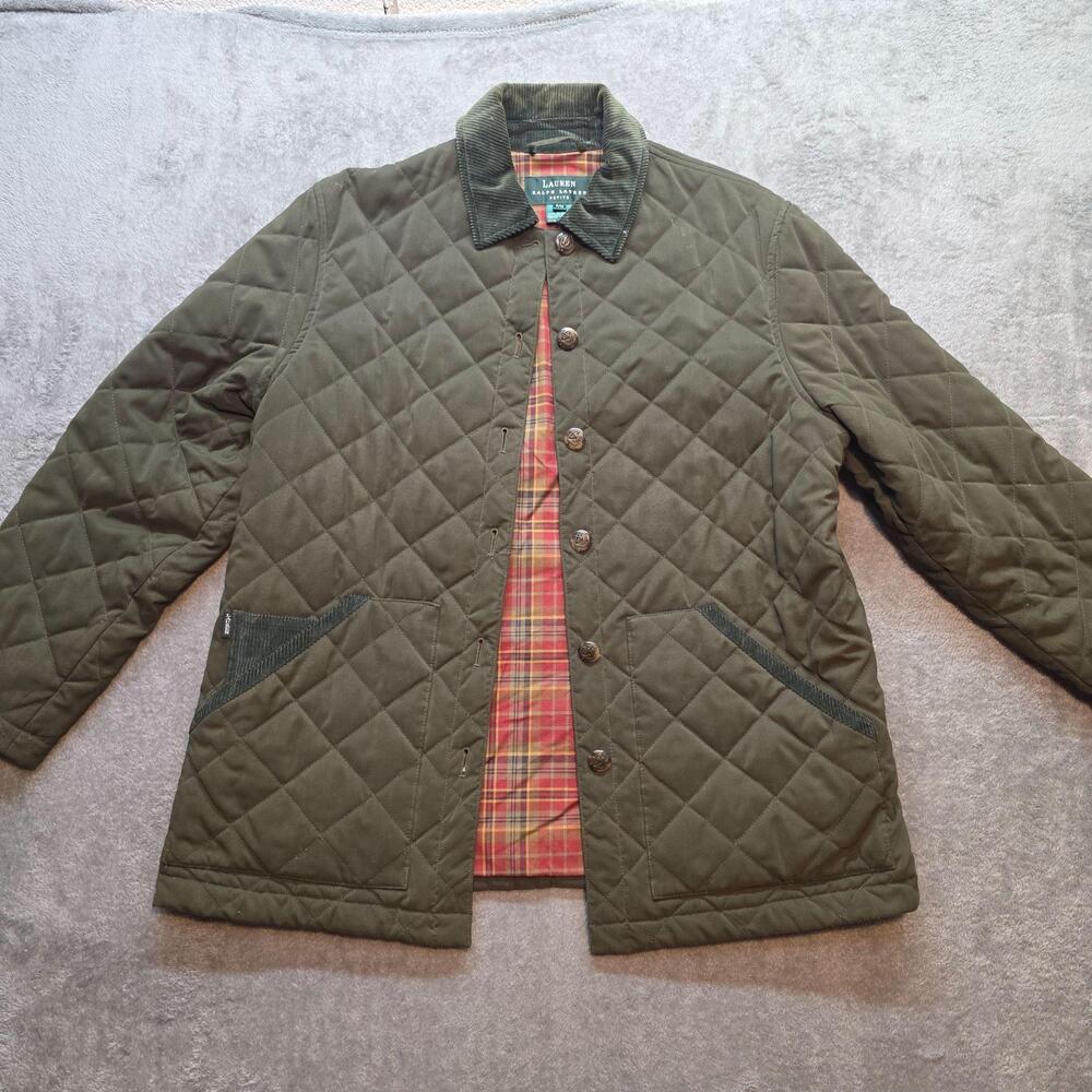 Lauren Ralph Lauren Quilted Jacket Womens Petites PM Green Plaid Lined Corduroy